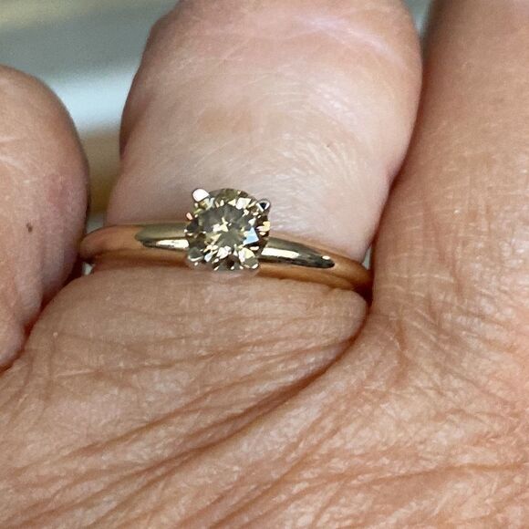 14K Fancy Champagne.55 Carat Diamond Solitaire Ring & 14K Wedding Band - Picture 4 of 11